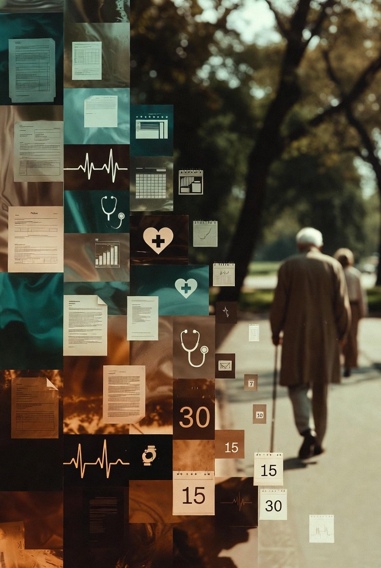 Couple reviewing long-term care insurance documents with an approval timeline in the background.