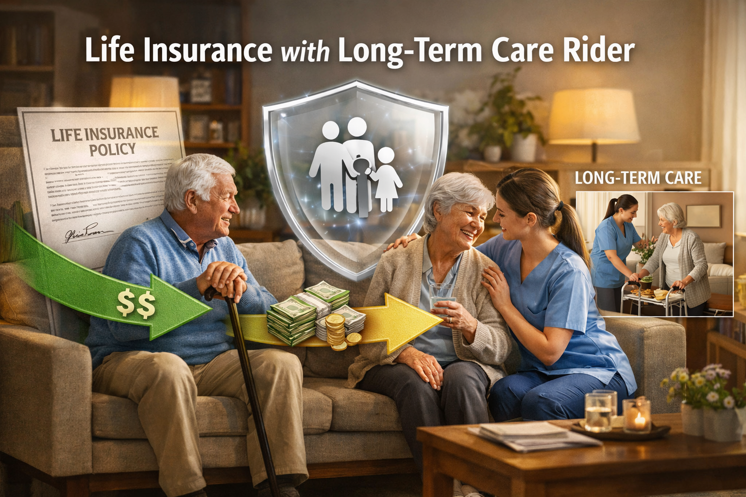Elderly couple receiving home care with life insurance policy showing long-term care rider financial protection concept