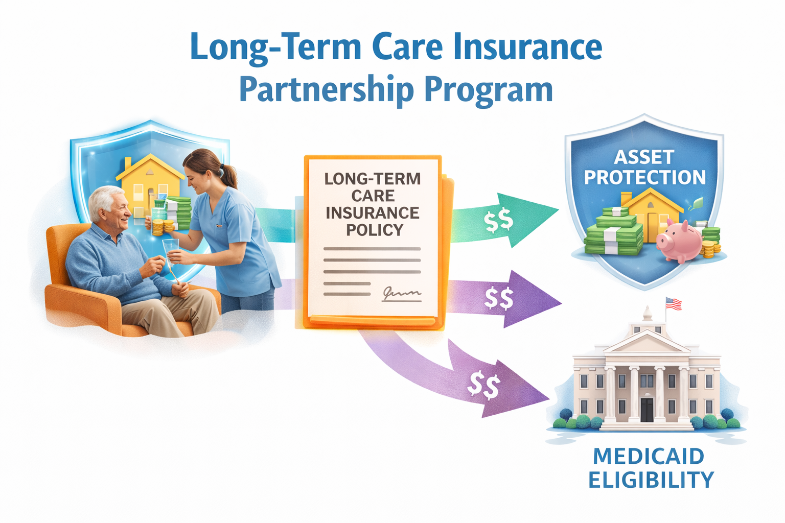 Infographic showing long-term care insurance partnership program protecting personal assets and Medicaid eligibility