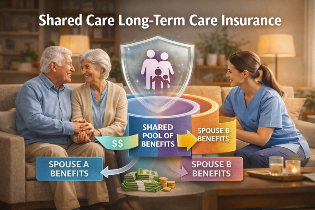 Married couple sharing long-term care insurance benefits with caregiver support at home