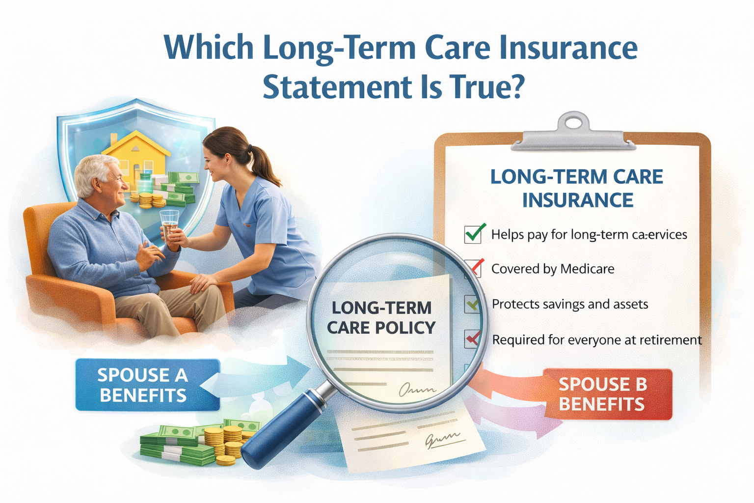 Checklist analyzing true and false statements about long-term care insurance coverage and policy rules