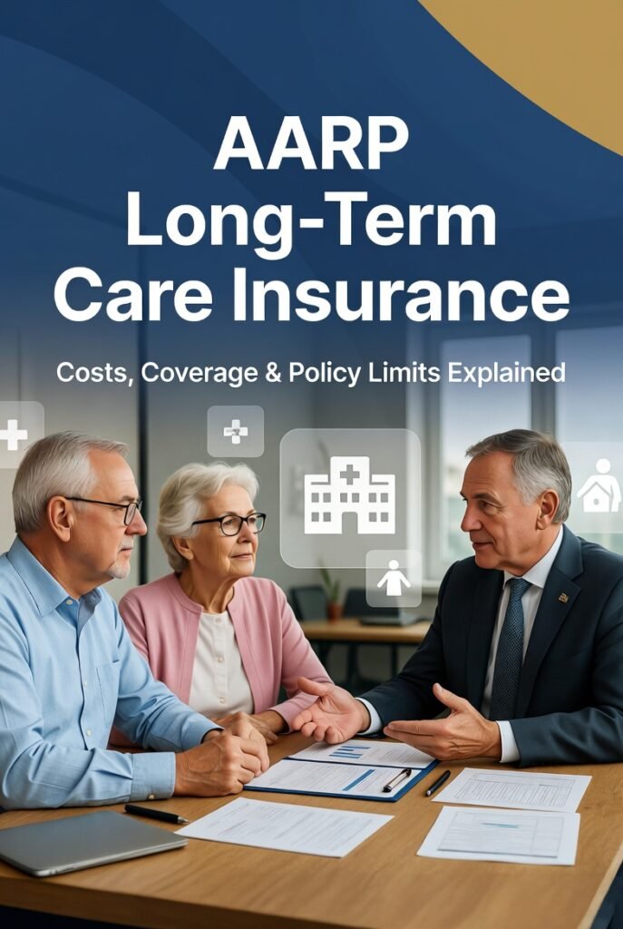 AARP long term care insurance planning with senior couple reviewing coverage costs and policy limits with advisor